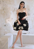 Black Sexy A Line Sweetheart Neck White Appliques Satin Short Homecoming Dress Cocktail Dress HZ1023