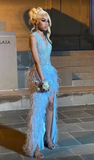 Luxurious Blue Lace Feathers Slit Prom Dresses HZ1023