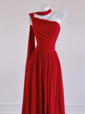 Flowy Red A Line One Shoulder Chiffon Long Prom Dress Party Dress HZ1023