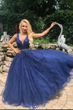 V Neck Open Back Blue Lace Long Prom Dresses Evening Dresses HZ1023