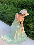 Elegant Green A Line Spaghetti Strap Chiffon Long Prom Dress Party Dress HZ1023
