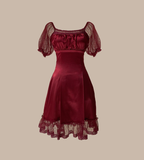 Classic Burgundy A Line Puff Lace Satin Short Homecoming Dress Cocktail Dress HZ1023