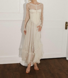 Gentle A Line Long Sleeve Ivory Lace Chiffon Prom Dress Graduation Prom Dress HZ1023