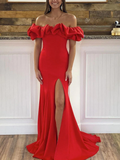 Fashion Red Off The Shoulder Mermaid Prom Dress,Slit Satin Evening Dress HZ1023