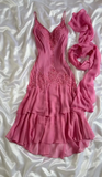 Cute A Line Spaghetti Straps Appliques Tiered Pink Chiffon Evening Dress Party Dress HZ1023
