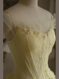 Stunning A Line Strapless Flower Light Yellow Tulle Long Prom Dress Evening Dress HZ1023