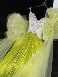 Gorgeous Mermaid Strapless Rhinestone Green Sequin Tulle Long Prom Dress Evening Dress HZ1023