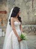 Elegant A Line Sweetheart Neck Lace Tulle Long Sweep Wedding Dress HZ1023