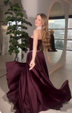 Classy A Line Strapless Pearl Dark Burgundy Velvet Satin Party Dress Wedding Guest Dress HZ1023