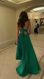 Stunning A Line Spaghetti Strap Green Satin Open Back Prom Dress Evening Dress HZ1023