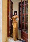 Golden A Line Spaghetti Strap Pleated Velvet Prom Dress Party Dress HZ1023