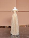 Pretty A Line Puff Beaded Sequin Champagne Tulle Long Prom Dress Party Dress HZ1023