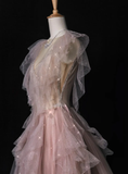 Pink Beaded A Line V Neck Ruffle Tulle Prom Dress Evening Dress Party Dress HZ1023