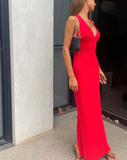 Red V Neck Long Sheath Evening Dress Satin Party Prom Dress HZ1023