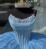 Blue Tulle Appliques Beaded Ball Gown Sweet 16 Dress Quinceanera Dress HZ1023