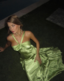 Sexy A Line Halter Green Satin Long Prom Dress Evening Dress HZ1023