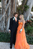 Strapless Tulle Appliques Long Evening Dress Orange Prom Dress HZ1023