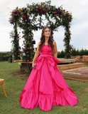 Hot Pink A Line Strapless Satin Long Prom Dress Birthday Dress with Bow HZ1023