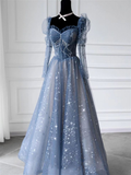 Elegant Blue Tulle Beaded Fairy Ball Gown Long Prom Dress Quinceanera Dress HZ1023
