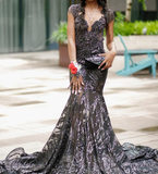 Gorgeous Mermaid V Neck Black Sequin Tulle Long Sweep Prom Dress Evening Dress HZ1023