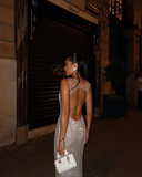 Shiny Sheath Straps Rhinestone Tulle Open Back Prom Dress Evening Dress HZ1023