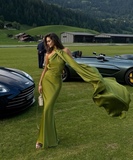 Elegant Sheath Long Sleeve Green Satin Long Open Back Prom Dress Evening Dress HZ1023