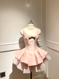 Cute A Line Strap Bow Light Pink Tulle Satin Short Homecoming Dress Cocktail Dress HZ1023