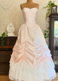 Vintage Sweetheart Neck Pearls Lace Light Pink Satin Birthday Dress Wedding Dress HZ1023