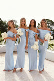 Off the Shoulder Light Blue Sheath Bridesmaid Dress HZ1023