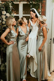 Fashion Sheath V Neck Sage Green Silk Satin Bridesmaid Dress with Bow/Formal Wear Dresses HZ1023