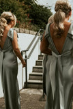 Fashion Sheath V Neck Sage Green Silk Satin Bridesmaid Dress with Bow/Formal Wear Dresses HZ1023