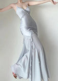 Elegant Mermaid Spaghetti Strap Pearl Grey Satin Long Prom Dress Evening Dress HZ1023