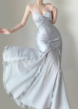 Elegant Mermaid Spaghetti Strap Pearl Grey Satin Long Prom Dress Evening Dress HZ1023