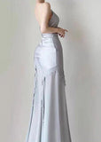 Elegant Mermaid Spaghetti Strap Pearl Grey Satin Long Prom Dress Evening Dress HZ1023