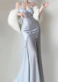 Elegant Mermaid Spaghetti Strap Pearl Grey Satin Long Prom Dress Evening Dress HZ1023