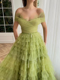 Green A Line Off-the-shoulder Lace Tulle Long Prom Dress Evening Dress HZ1023