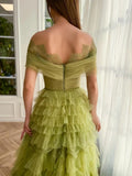 Green A Line Off-the-shoulder Lace Tulle Long Prom Dress Evening Dress HZ1023