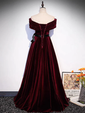 Burgundy Off The Shoulder Velvet Long Prom Dress HZ1023