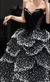 Gorgeous A Line Sweetheart Neck Pearl Layered Black Satin Long Party Dress Evening Dress HZ1023