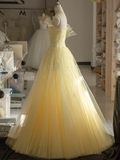 Stunning A Line Strapless Flower Light Yellow Tulle Long Prom Dress Evening Dress HZ1023