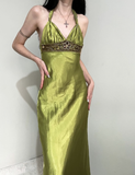 Vintage Sheath Halter Beaded Green Satin Open Back Prom Dress Graduation Prom Dress HZ1023
