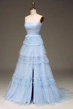 Pretty A Line Strapless Tiered Blue Tulle Long Prom Dress Evening Dress with Slit HZ1023