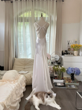 Classy Mermaid V Neck Beaded White Satin Long Open Back Party Dress Evening Dress HZ1023