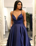 Dark Blue Satin Long Prom Dresses HZ1023