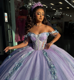 Purple Off the Shoulder Corset Appliques Tulle Ball Gown Sweet 16 Dress Quinceanera Dress HZ1023