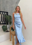 Gentle Sheath Strap Blue Satin Evening Dress Bridesmaid Dress with Slit HZ1023