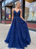 Dark Blue V Neck Tulle Applique Long Prom Dresses HZ1023