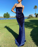 Sparkly Navy Blue Velvet Prom Dress Sexy Mermaid Long Evening Dress HZ1023