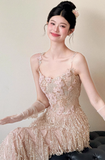 Exquisite Sheath Spaghetti Strap Beaded Tulle Prom Dress Evening Dress Party Dress HZ1023