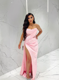 Pink A Line Strapless Corset Satin Long Prom Dress Evening Dress with Slit HZ1023